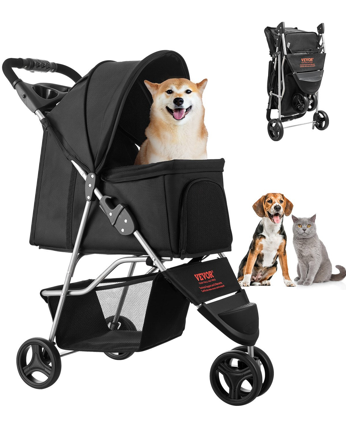 VEVOR Pet Stroller, 35 lbs Weight Capacity, Foldable Dog Stroller Cart, 3 Wheels Cats Stroller with Mesh Windows and Cup Holders, Portable Pet Carrier Stroller with Brake, for Small to Medium Pets - CWTCCGK3QSHD7TWPWV0 - view 1