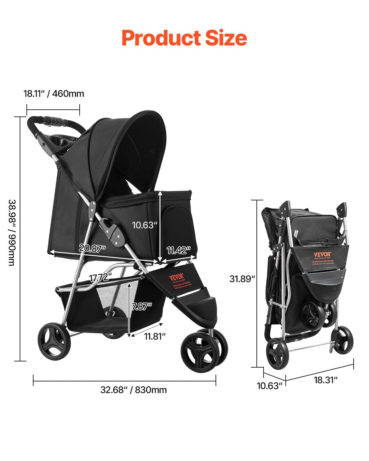 VEVOR Pet Stroller, 35 lbs Weight Capacity, Foldable Dog Stroller Cart, 3 Wheels Cats Stroller with Mesh Windows and Cup Holders, Portable Pet Carrier Stroller with Brake, for Small to Medium Pets - CWTCCGK3QSHD7TWPWV0 - view 3