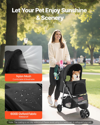 VEVOR Pet Stroller, 35 lbs Weight Capacity, Foldable Dog Stroller Cart, 3 Wheels Cats Stroller with Mesh Windows and Cup Holders, Portable Pet Carrier Stroller with Brake, for Small to Medium Pets - CWTCCGK3QSHD7TWPWV0 - view 4