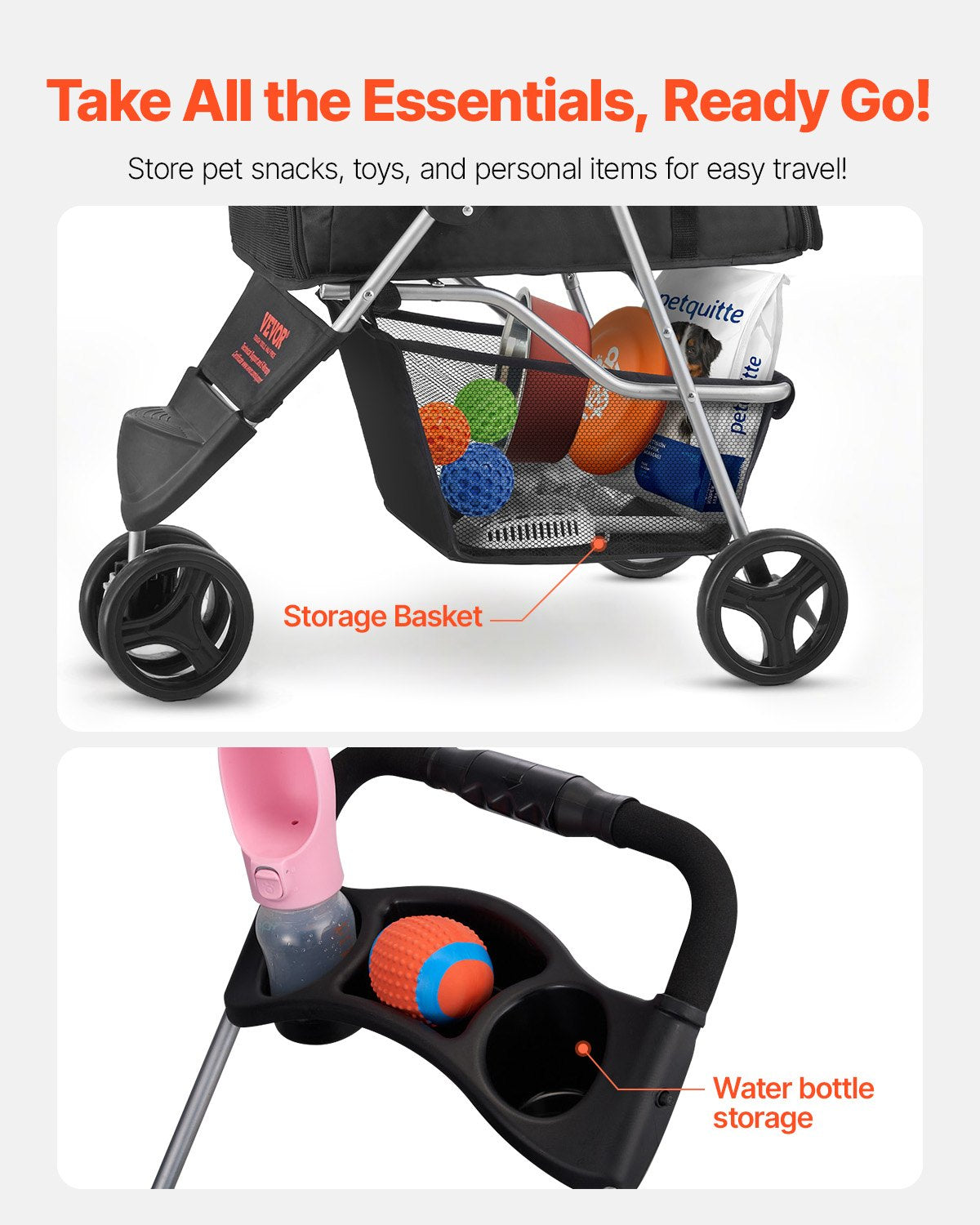 VEVOR Pet Stroller, 35 lbs Weight Capacity, Foldable Dog Stroller Cart, 3 Wheels Cats Stroller with Mesh Windows and Cup Holders, Portable Pet Carrier Stroller with Brake, for Small to Medium Pets - CWTCCGK3QSHD7TWPWV0 - view 7