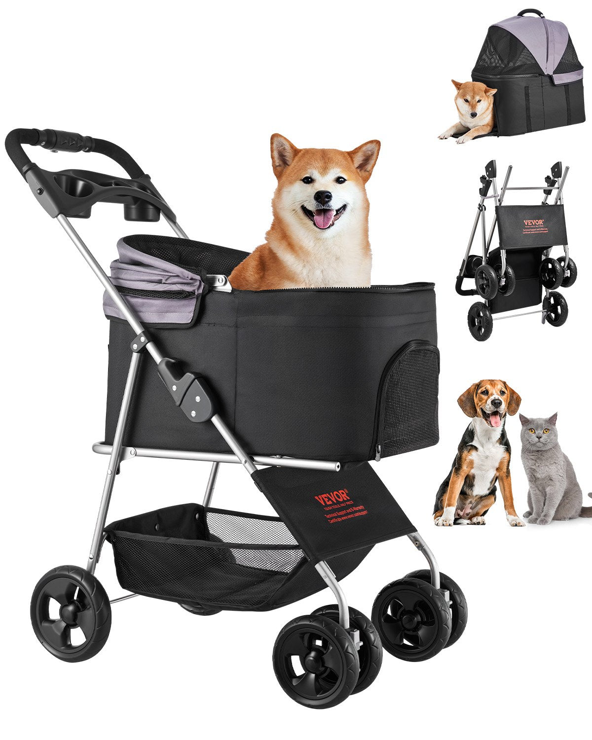 VEVOR Pet Stroller, 35 lbs Weight Capacity, Foldable Dog Stroller Cart, 4 Wheels Cats Pram with Detachable Carrier & Mesh Windows, Portable Animal Carrier with Brake for Small to Medium Pets - CWTCCGK4QSHD9M2U7V0 - view 1
