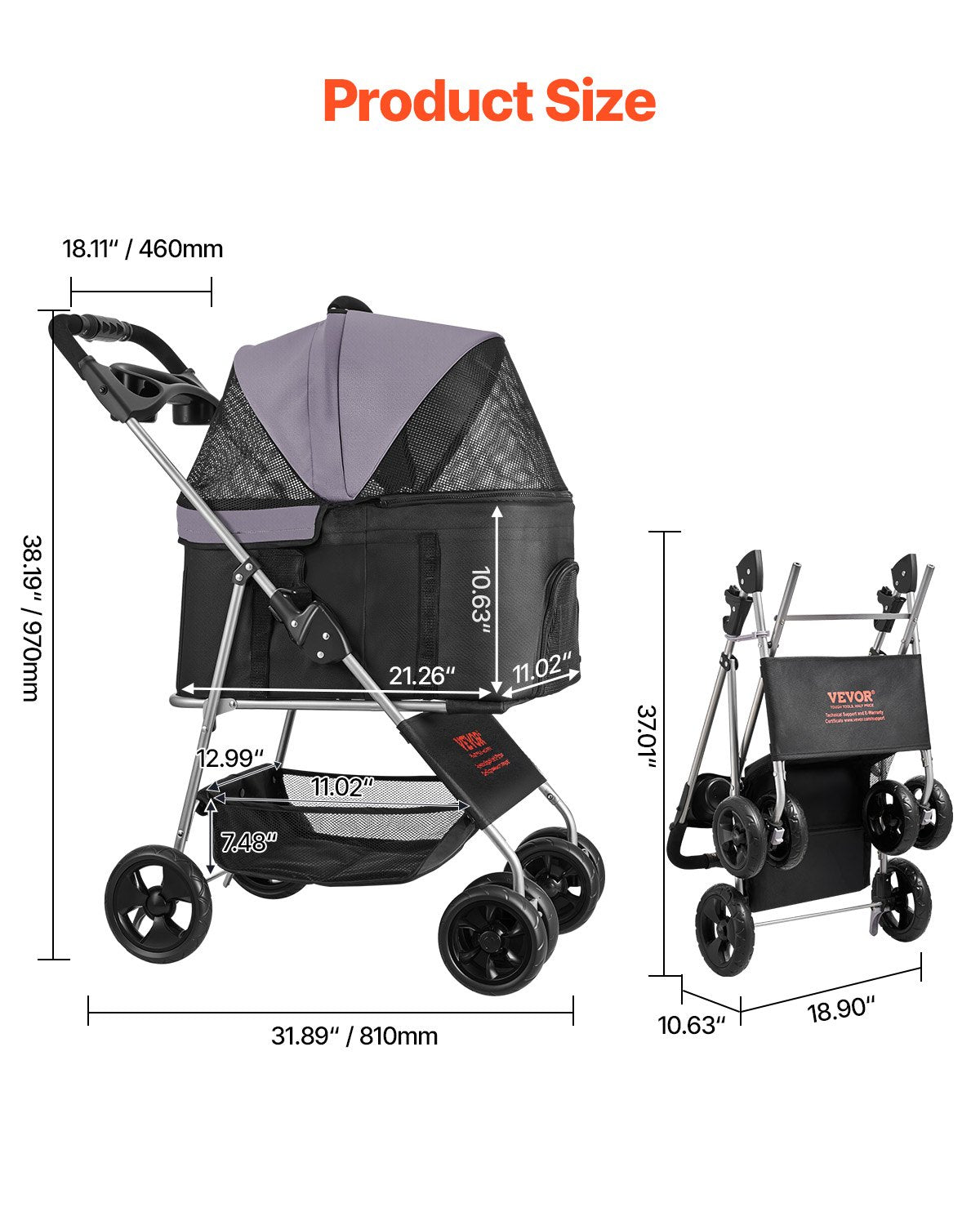 VEVOR Pet Stroller, 35 lbs Weight Capacity, Foldable Dog Stroller Cart, 4 Wheels Cats Pram with Detachable Carrier & Mesh Windows, Portable Animal Carrier with Brake for Small to Medium Pets - CWTCCGK4QSHD9M2U7V0 - view 3