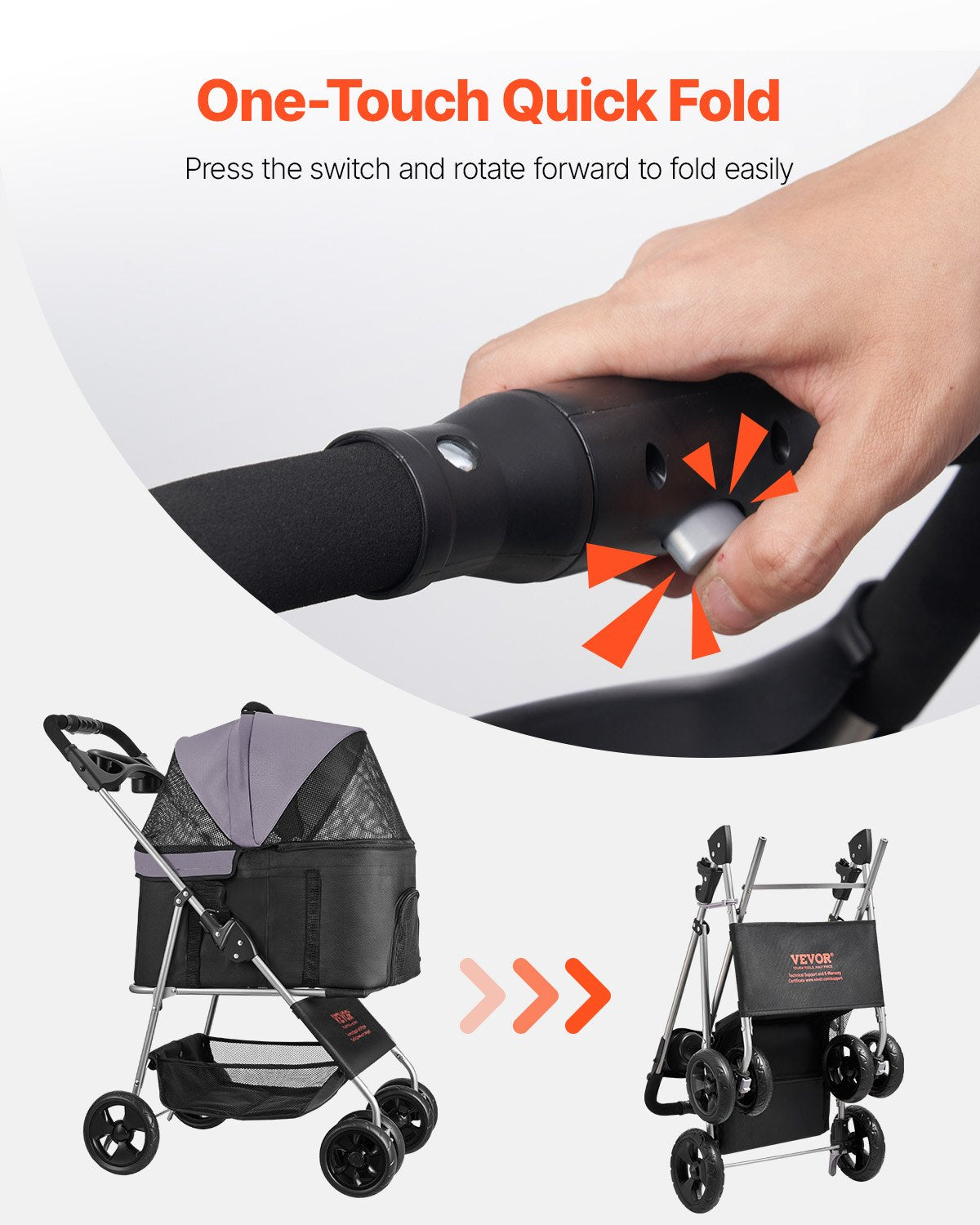 VEVOR Pet Stroller, 35 lbs Weight Capacity, Foldable Dog Stroller Cart, 4 Wheels Cats Pram with Detachable Carrier & Mesh Windows, Portable Animal Carrier with Brake for Small to Medium Pets - CWTCCGK4QSHD9M2U7V0 - view 7
