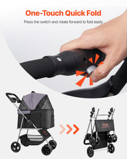 VEVOR Pet Stroller, 35 lbs Weight Capacity, Foldable Dog Stroller Cart, 4 Wheels Cats Pram with Detachable Carrier & Mesh Windows, Portable Animal Carrier with Brake for Small to Medium Pets - CWTCCGK4QSHD9M2U7V0 - view 7