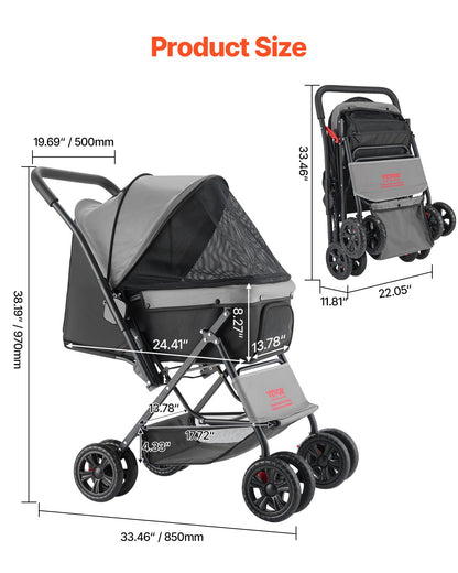 VEVOR Pet Stroller, 44 lbs Weight Capacity, Foldable Dog Stroller Cart, 4 Wheels Cats Stroller with Mesh Windows & Revrsible Handle, Portable Pet Carrier Stroller with Brake, for Small to Medium Pets - CWTCCGK4QSHSAWPRUV0 - view 3
