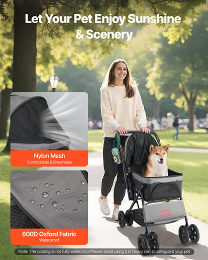 VEVOR Pet Stroller, 44 lbs Weight Capacity, Foldable Dog Stroller Cart, 4 Wheels Cats Stroller with Mesh Windows & Revrsible Handle, Portable Pet Carrier Stroller with Brake, for Small to Medium Pets - CWTCCGK4QSHSAWPRUV0 - view 4