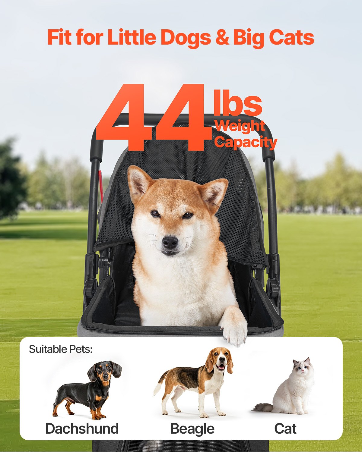 VEVOR Pet Stroller, 44 lbs Weight Capacity, Foldable Dog Stroller Cart, 4 Wheels Cats Stroller with Mesh Windows & Revrsible Handle, Portable Pet Carrier Stroller with Brake, for Small to Medium Pets - CWTCCGK4QSHSAWPRUV0 - view 5