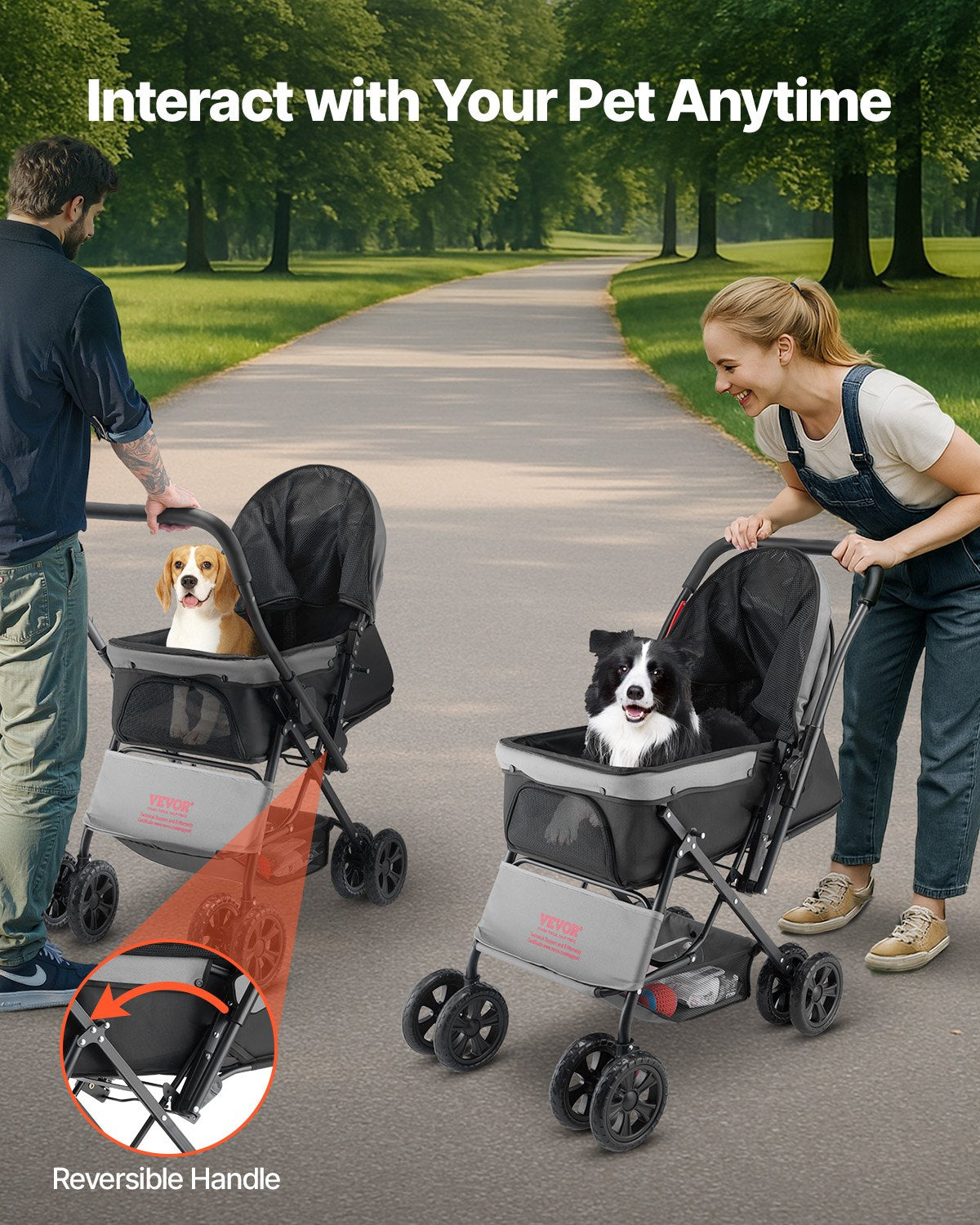 VEVOR Pet Stroller, 44 lbs Weight Capacity, Foldable Dog Stroller Cart, 4 Wheels Cats Stroller with Mesh Windows & Revrsible Handle, Portable Pet Carrier Stroller with Brake, for Small to Medium Pets - CWTCCGK4QSHSAWPRUV0 - view 6