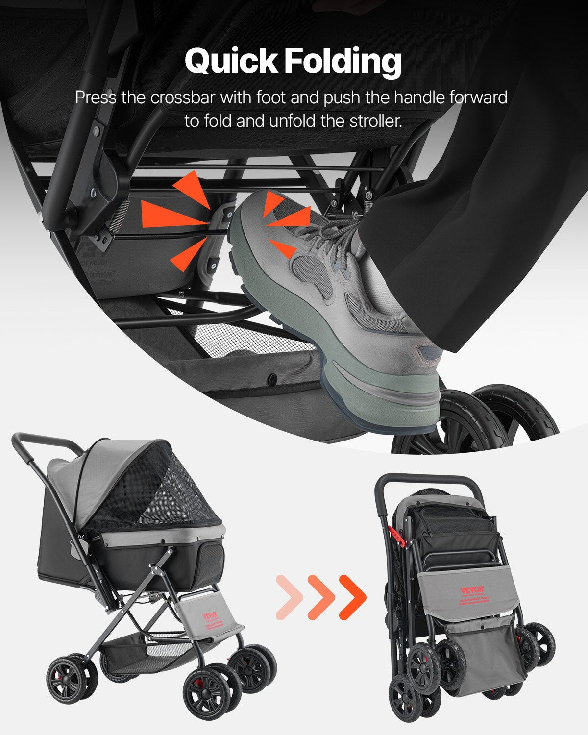 VEVOR Pet Stroller, 44 lbs Weight Capacity, Foldable Dog Stroller Cart, 4 Wheels Cats Stroller with Mesh Windows & Revrsible Handle, Portable Pet Carrier Stroller with Brake, for Small to Medium Pets - CWTCCGK4QSHSAWPRUV0 - view 7