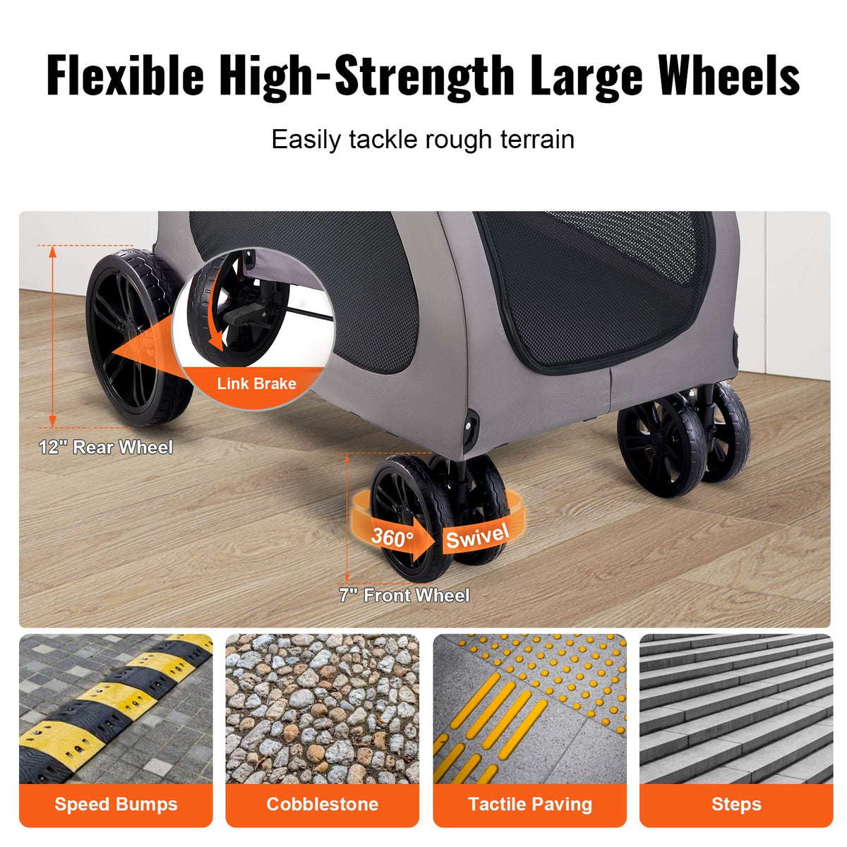VEVOR Pet Stroller, 4 Wheels Dog Stroller with Brakes, 160lbs Weight Capacity, Portable Puppy Stroller Carrier with Breathable Mesh Windows & Height-Adjustable Height, Animal Stroller for Cats & Dogs - CWTCDHK4QSHD3F05MV0 - view 4