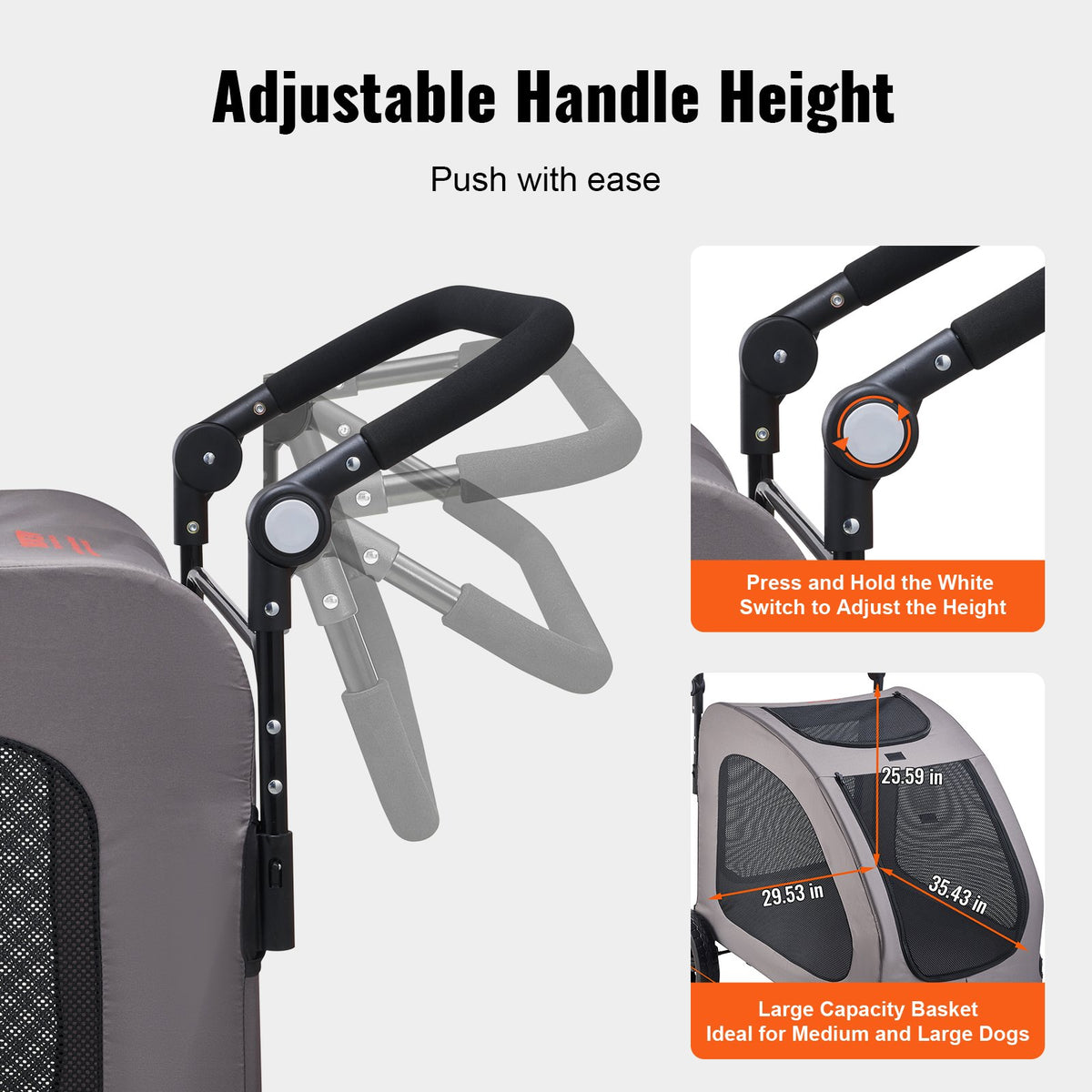 VEVOR Pet Stroller, 4 Wheels Dog Stroller with Brakes, 160lbs Weight Capacity, Portable Puppy Stroller Carrier with Breathable Mesh Windows & Height-Adjustable Height, Animal Stroller for Cats & Dogs - CWTCDHK4QSHD3F05MV0 - view 7