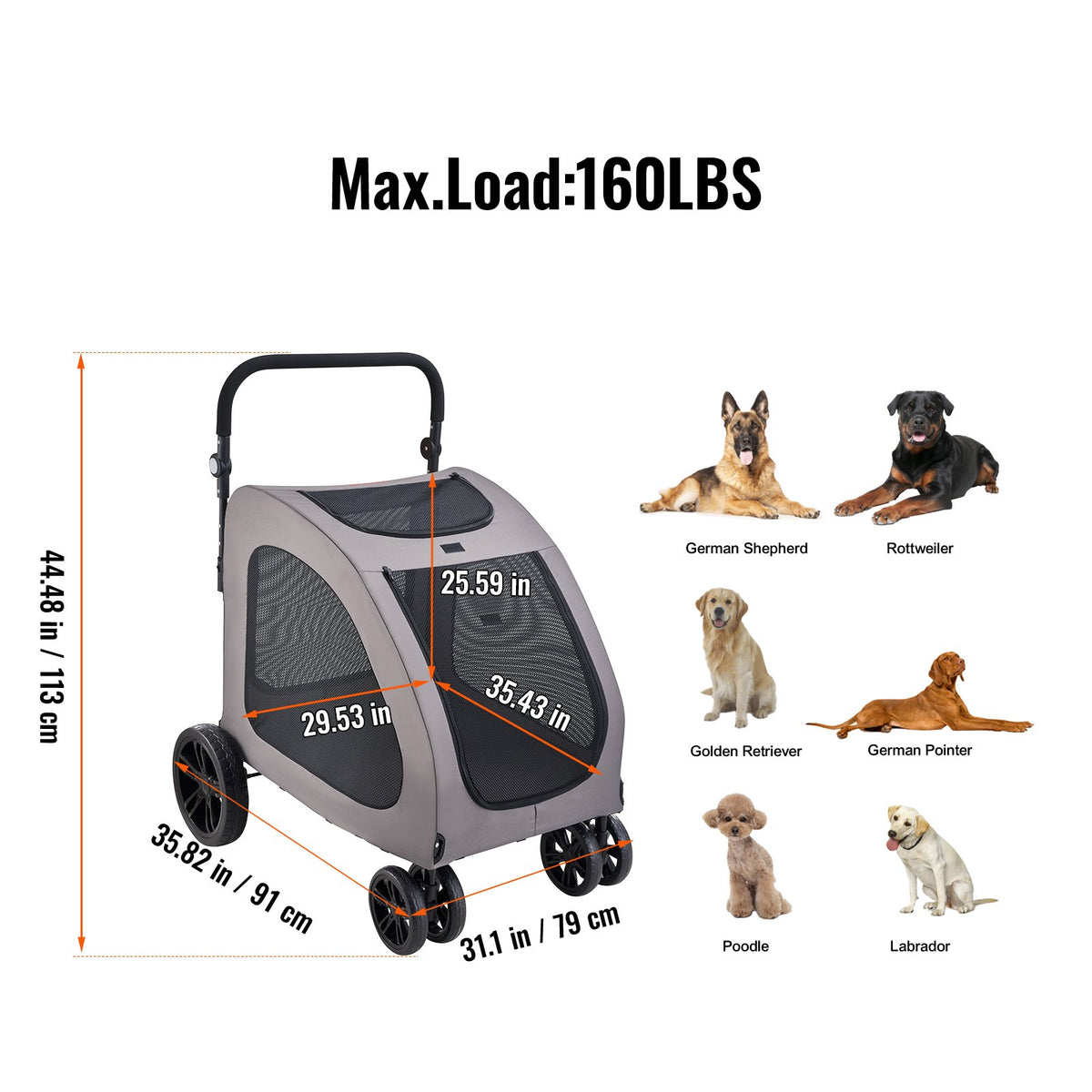 VEVOR Pet Stroller, 4 Wheels Dog Stroller with Brakes, 160lbs Weight Capacity, Portable Puppy Stroller Carrier with Breathable Mesh Windows & Height-Adjustable Height, Animal Stroller for Cats & Dogs - CWTCDHK4QSHD3F05MV0 - view 8