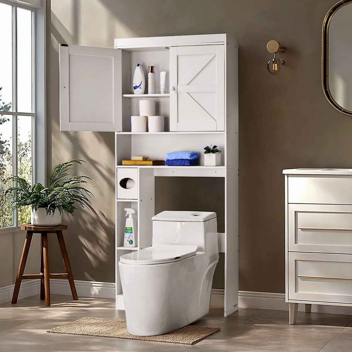 VEVOR Over The Toilet Storage Cabinet, 67.44 in Height Bathroom Storage Organizer with Double Door and Adjustable Shelf, Bathroom Space Saver Organizer Above Toilet with Open Shelf, White - CWTRZBCSPKM37332R001V0 - view 1
