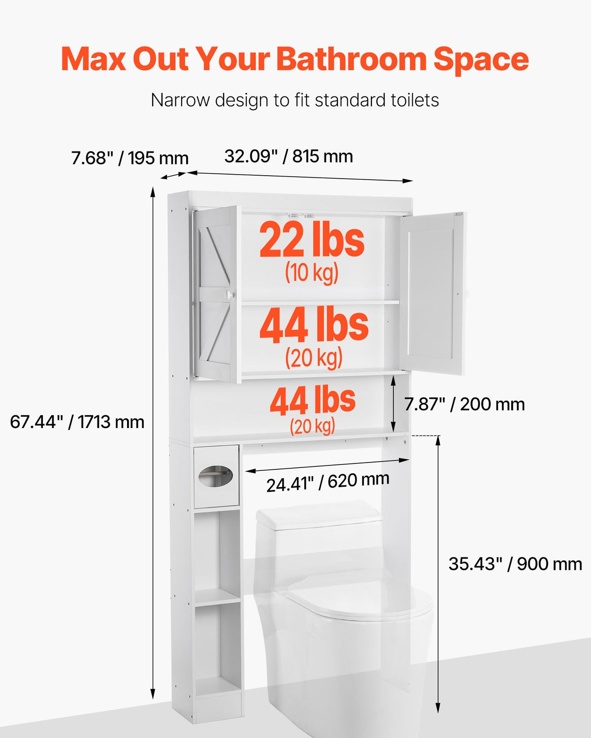 VEVOR Over The Toilet Storage Cabinet, 67.44 in Height Bathroom Storage Organizer with Double Door and Adjustable Shelf, Bathroom Space Saver Organizer Above Toilet with Open Shelf, White - CWTRZBCSPKM37332R001V0 - view 3