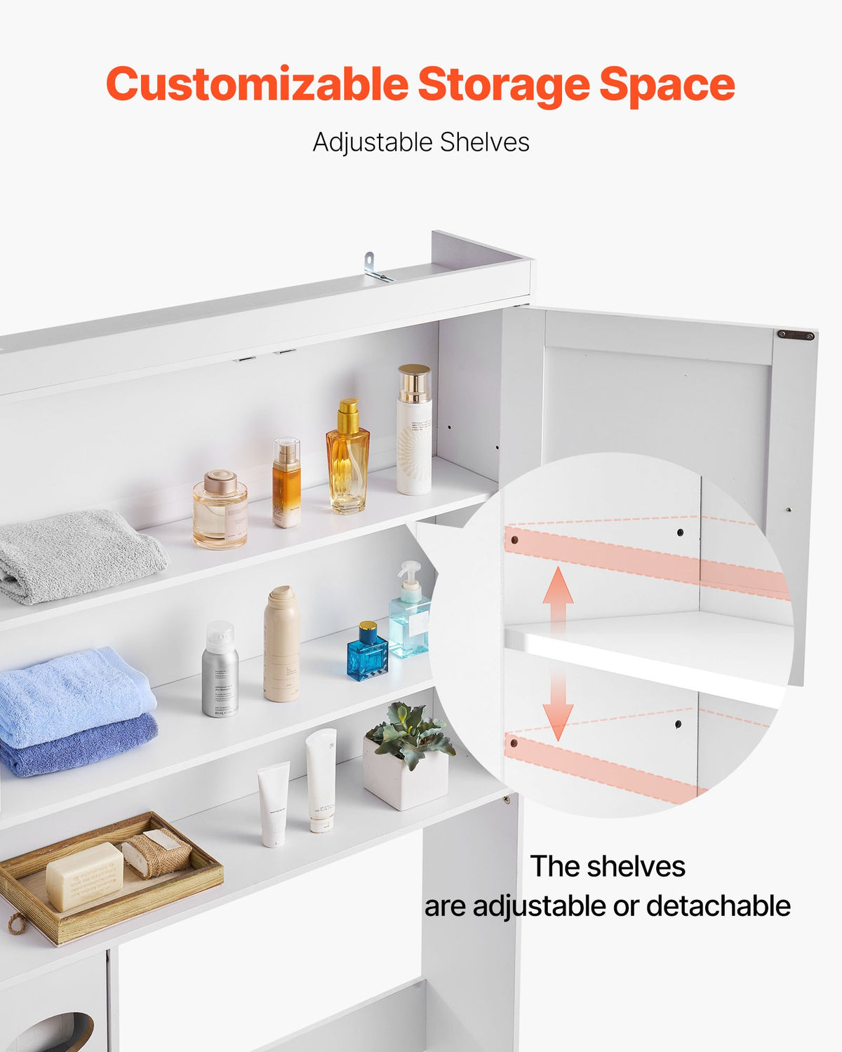 VEVOR Over The Toilet Storage Cabinet, 67.44 in Height Bathroom Storage Organizer with Double Door and Adjustable Shelf, Bathroom Space Saver Organizer Above Toilet with Open Shelf, White - CWTRZBCSPKM37332R001V0 - view 4