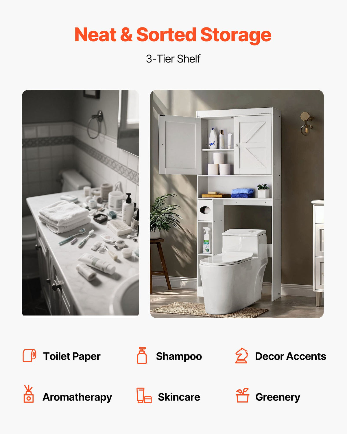 VEVOR Over The Toilet Storage Cabinet, 67.44 in Height Bathroom Storage Organizer with Double Door and Adjustable Shelf, Bathroom Space Saver Organizer Above Toilet with Open Shelf, White - CWTRZBCSPKM37332R001V0 - view 5