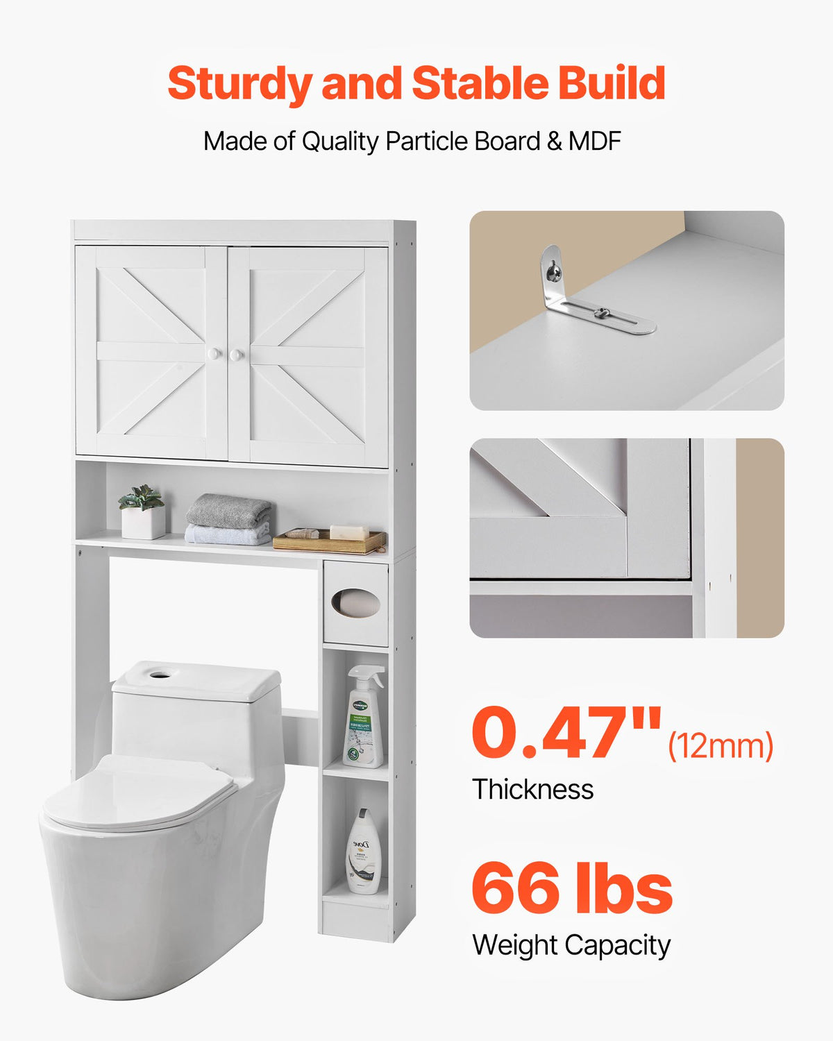 VEVOR Over The Toilet Storage Cabinet, 67.44 in Height Bathroom Storage Organizer with Double Door and Adjustable Shelf, Bathroom Space Saver Organizer Above Toilet with Open Shelf, White - CWTRZBCSPKM37332R001V0 - view 6