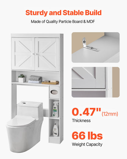 VEVOR Over The Toilet Storage Cabinet, 67.44 in Height Bathroom Storage Organizer with Double Door and Adjustable Shelf, Bathroom Space Saver Organizer Above Toilet with Open Shelf, White - CWTRZBCSPKM37332R001V0 - view 6