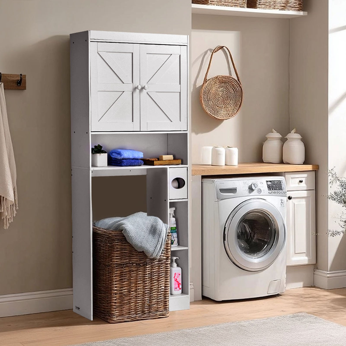VEVOR Over The Toilet Storage Cabinet, 67.44 in Height Bathroom Storage Organizer with Double Door and Adjustable Shelf, Bathroom Space Saver Organizer Above Toilet with Open Shelf, White - CWTRZBCSPKM37332R001V0 - view 9