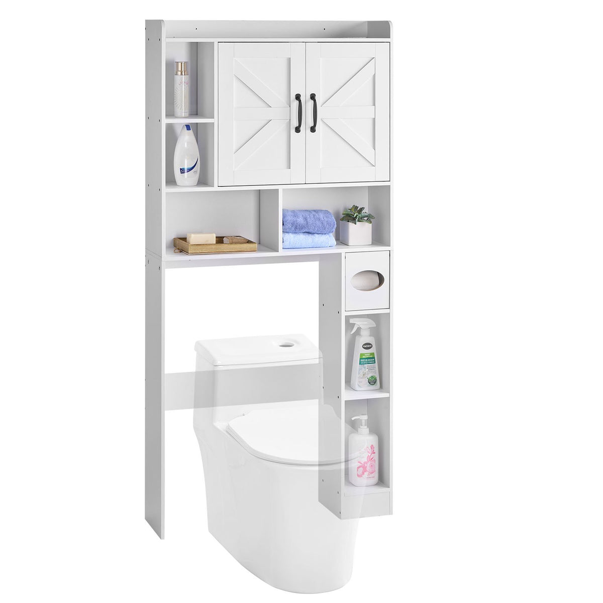 VEVOR Over The Toilet Storage Cabinet, 66.14 in Height Bathroom Storage Organizer with Double Door and Adjustable Shelf, Bathroom Space Saver Organizer Above Toilet with Open Shelf, White - CWTRZBCSPKM44H7EW001V0 - view 1
