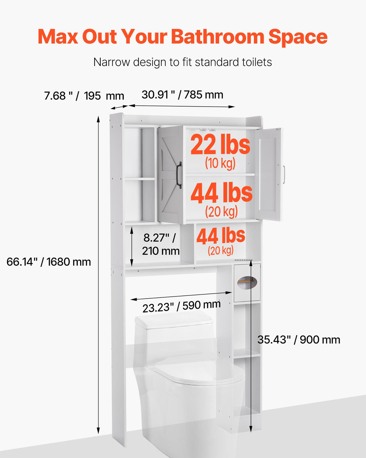 VEVOR Over The Toilet Storage Cabinet, 66.14 in Height Bathroom Storage Organizer with Double Door and Adjustable Shelf, Bathroom Space Saver Organizer Above Toilet with Open Shelf, White - CWTRZBCSPKM44H7EW001V0 - view 3