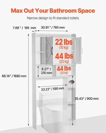 VEVOR Over The Toilet Storage Cabinet, 66.14 in Height Bathroom Storage Organizer with Double Door and Adjustable Shelf, Bathroom Space Saver Organizer Above Toilet with Open Shelf, White - CWTRZBCSPKM44H7EW001V0 - view 3