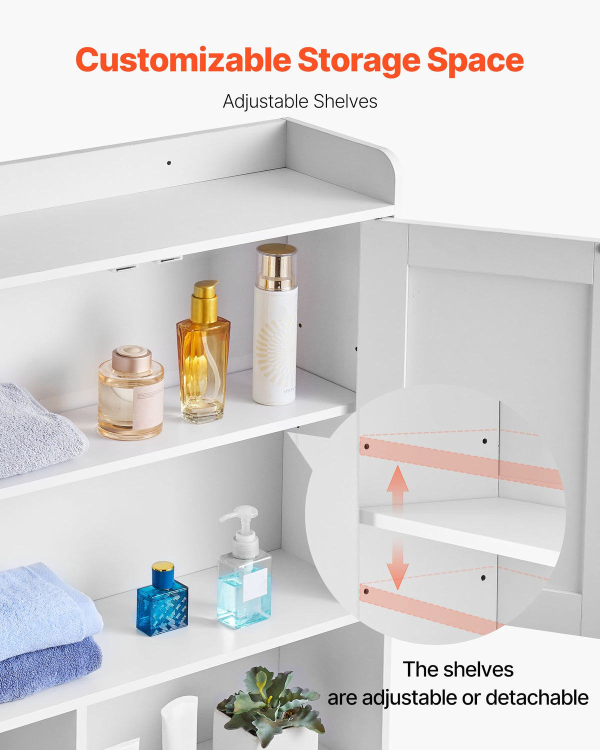 VEVOR Over The Toilet Storage Cabinet, 66.14 in Height Bathroom Storage Organizer with Double Door and Adjustable Shelf, Bathroom Space Saver Organizer Above Toilet with Open Shelf, White - CWTRZBCSPKM44H7EW001V0 - view 4