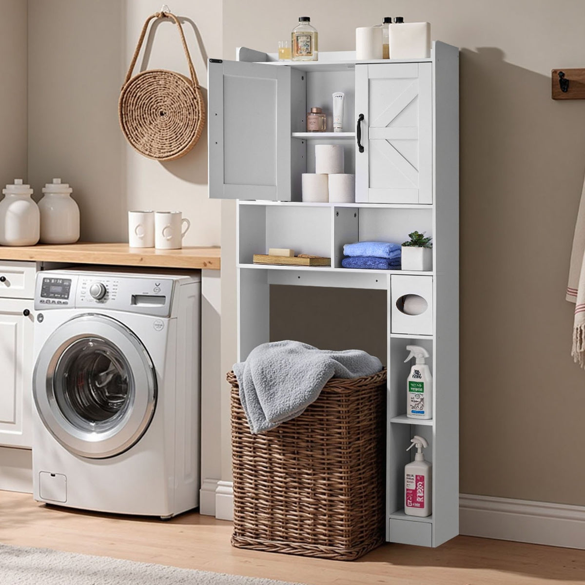 VEVOR Over The Toilet Storage Cabinet, 66.14 in Height Bathroom Storage Organizer with Double Door and Adjustable Shelf, Bathroom Space Saver Organizer Above Toilet with Open Shelf, White - CWTRZBCSPKM44H7EW001V0 - view 9