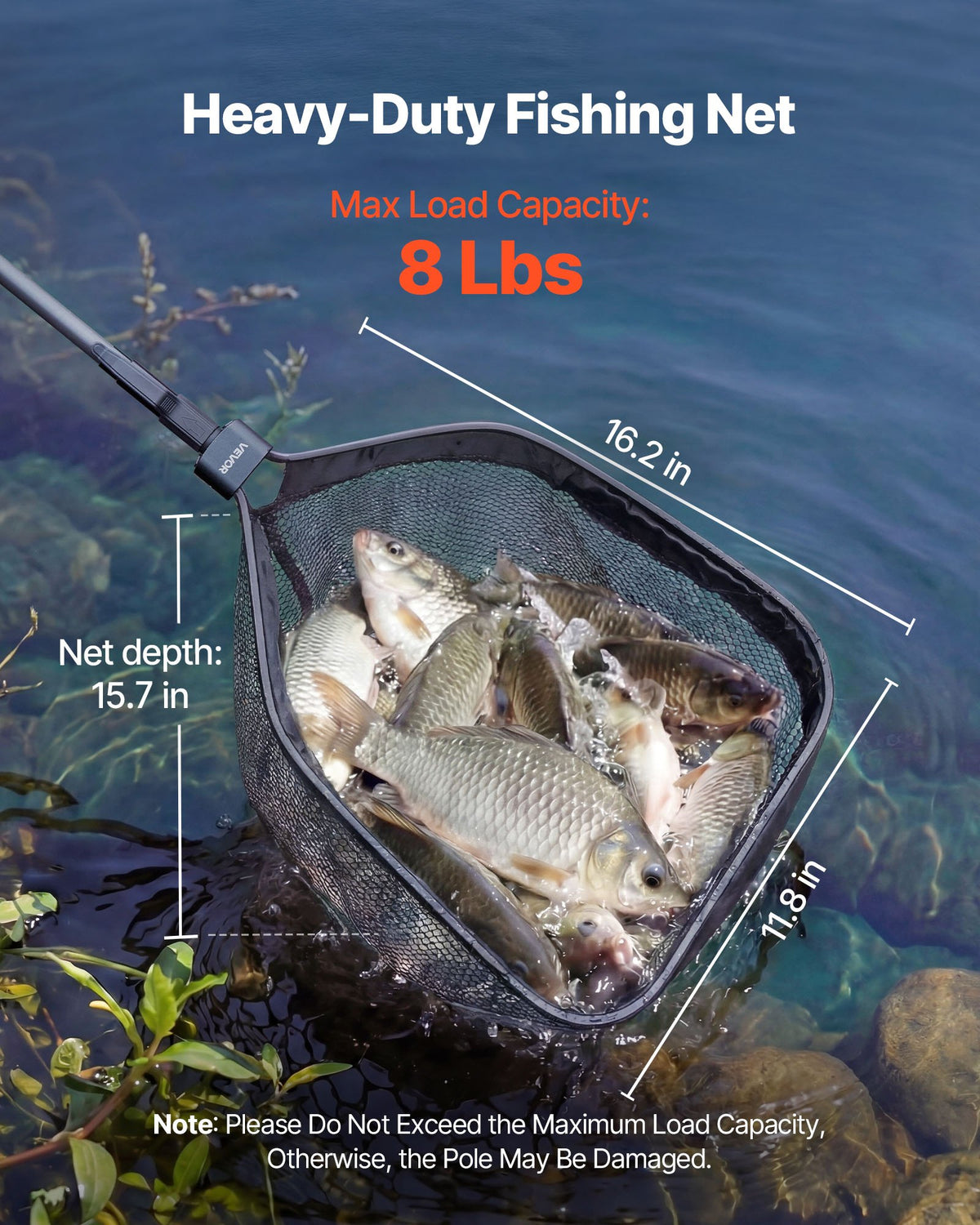 VEVOR Fishing Net, Foldable Landing Nets with Telescopic Handle, Portable Lightweight Carbon Fiber Long Fish Gear, Nylon Covered PVC, Durable and Fish-friendly, for Kayak Boat Bank Pond, Gifts for Men - CWTXWPEGJZG01YCWL001V0 - view 6