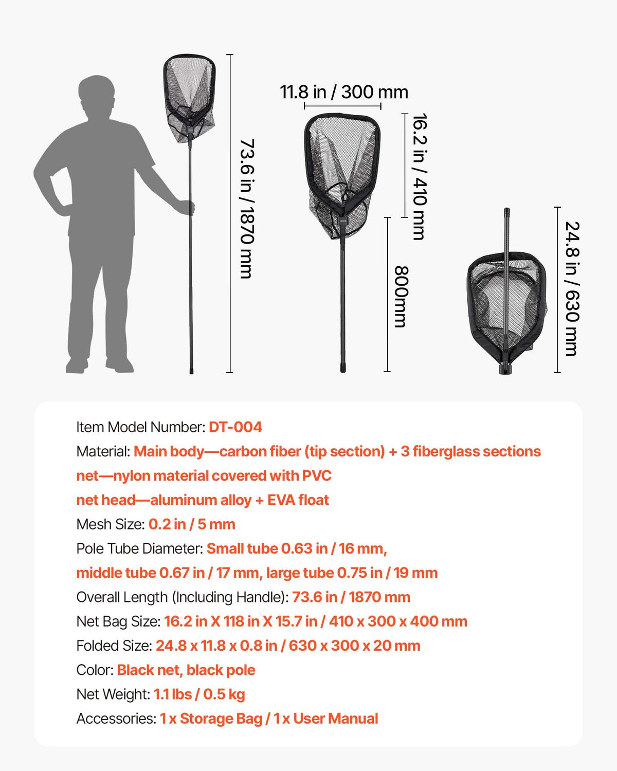 VEVOR Fishing Net, Foldable Landing Nets with Telescopic Handle, Portable Lightweight Carbon Fiber Long Fish Gear, Nylon Covered PVC, Durable and Fish-friendly, for Kayak Boat Bank Pond, Gifts for Men - CWTXWPEGJZG01YCWL001V0 - view 8