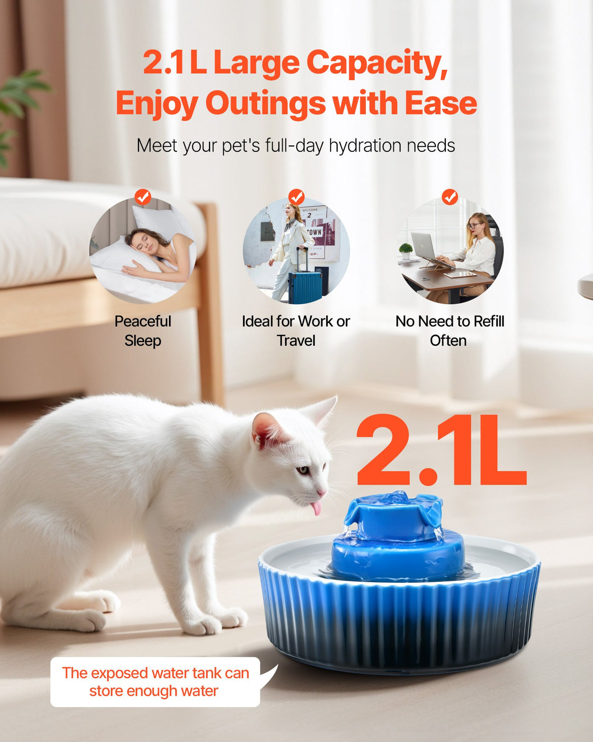 VEVOR Ceramic Cat Water Fountain, 2.1L/71oz Cupcake Pet Fountain, Porcelain Cat Water Dispenser with Ultra-Quiet Pump, 360° Drinking Area and Multi-Layer Filtration System, for Cats and Dogs (Blue) - CWYSJTCLS21L6CLU6002V1 - view 3