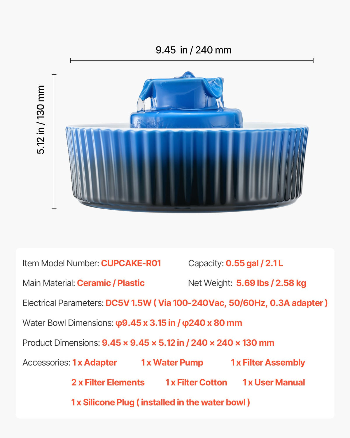 VEVOR Ceramic Cat Water Fountain, 2.1L/71oz Cupcake Pet Fountain, Porcelain Cat Water Dispenser with Ultra-Quiet Pump, 360° Drinking Area and Multi-Layer Filtration System, for Cats and Dogs (Blue) - CWYSJTCLS21L6CLU6002V1 - view 8