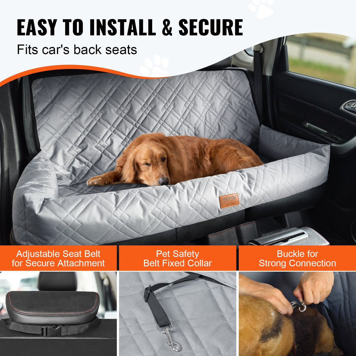 VEVOR Dog Car Seat, Waterproof Dog Booster Seat for Car, Pet Car Seat with Clip-On Safety Leash, PP Cotton Filling, Dog Car Bed for Medium & Large Dog up to 100 lbs, Gray - CWZGQCZYHSSF4IZF4V0 - view 5