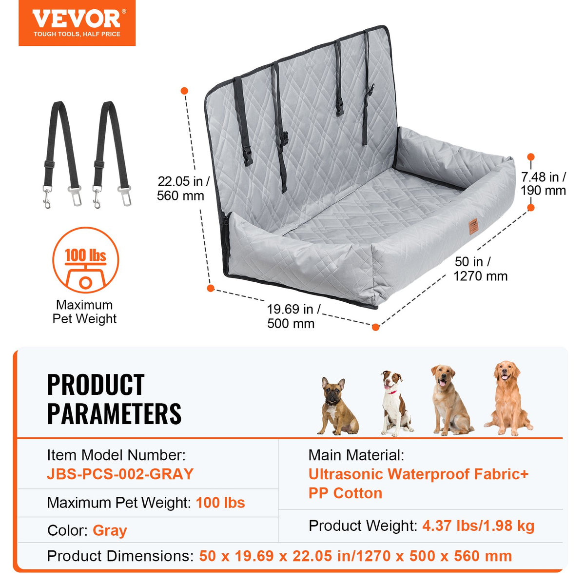 VEVOR Dog Car Seat, Waterproof Dog Booster Seat for Car, Pet Car Seat with Clip-On Safety Leash, PP Cotton Filling, Dog Car Bed for Medium & Large Dog up to 100 lbs, Gray - CWZGQCZYHSSF4IZF4V0 - view 8
