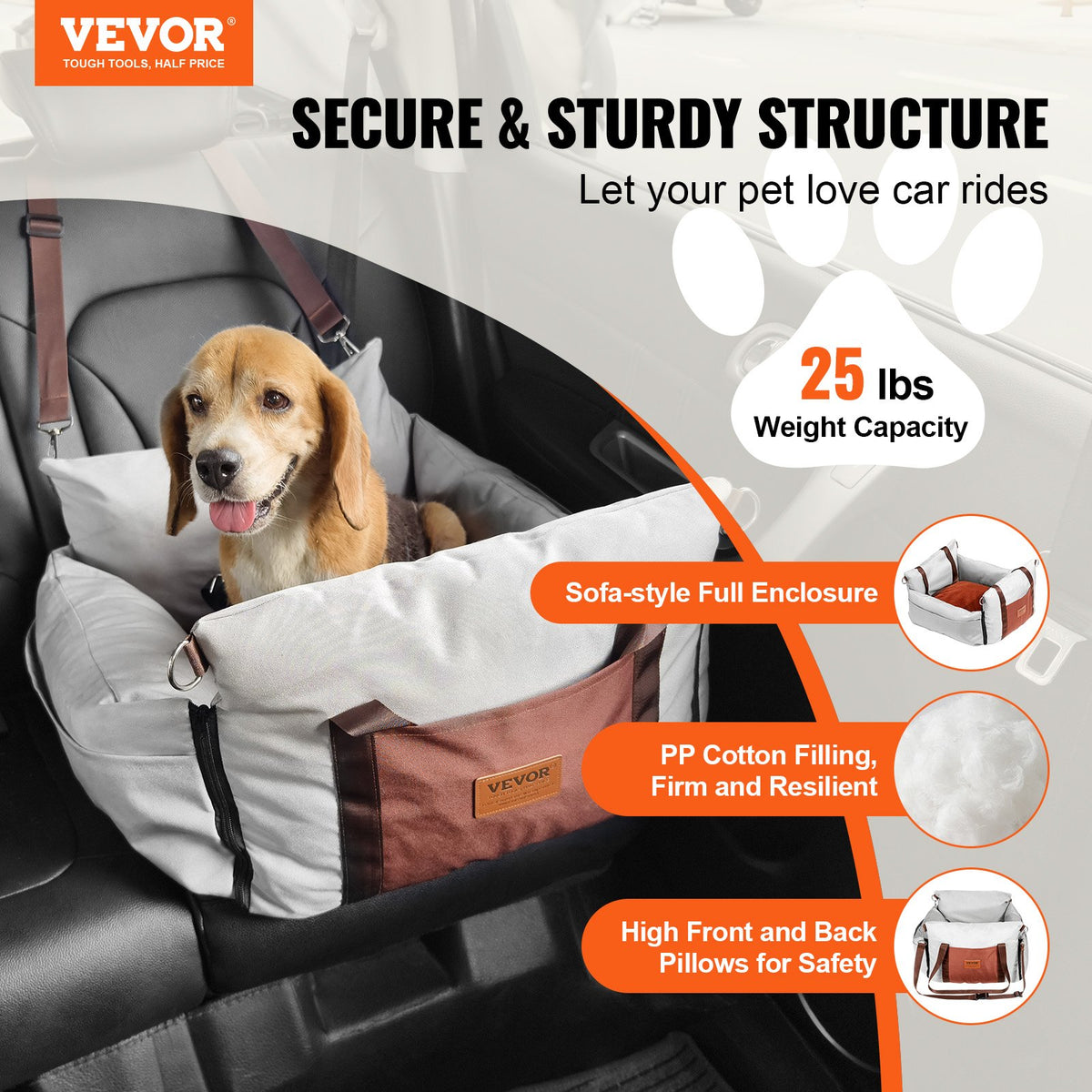 VEVOR Dog Car Seat, Waterproof Dog Booster Seat for Car with Side Handles and A Storage Pocket, Clip-On Safety Leash and PP Cotton Filling, Dog Car Bed for Small Dog up to 25lbs, Gray - CWZGQCZYHSSFEZZ75V0 - view 3