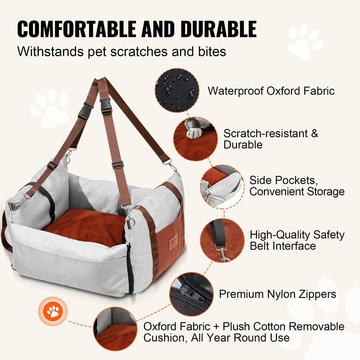 VEVOR Dog Car Seat, Waterproof Dog Booster Seat for Car with Side Handles and A Storage Pocket, Clip-On Safety Leash and PP Cotton Filling, Dog Car Bed for Small Dog up to 25lbs, Gray - CWZGQCZYHSSFEZZ75V0 - view 4