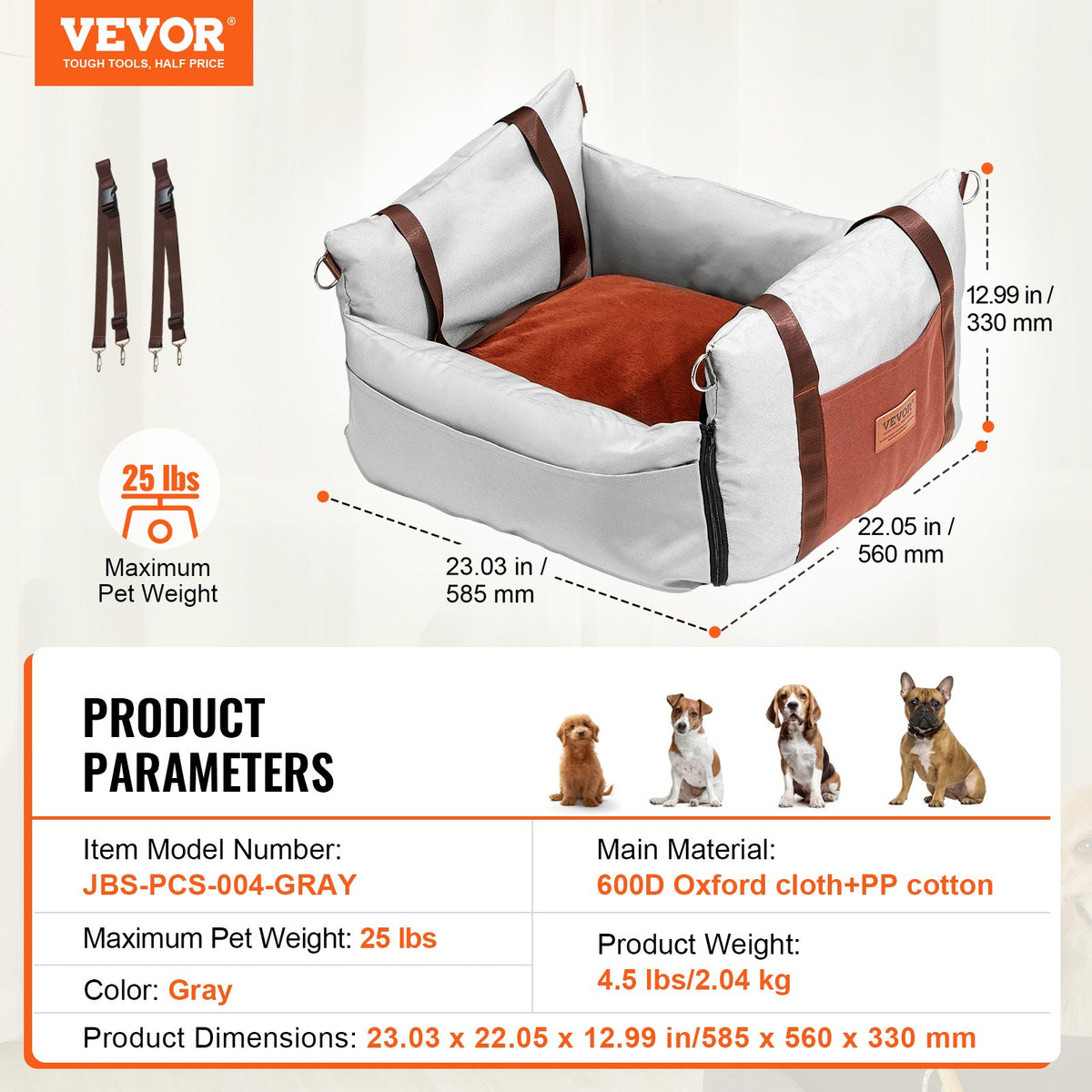 VEVOR Dog Car Seat, Waterproof Dog Booster Seat for Car with Side Handles and A Storage Pocket, Clip-On Safety Leash and PP Cotton Filling, Dog Car Bed for Small Dog up to 25lbs, Gray - CWZGQCZYHSSFEZZ75V0 - view 8