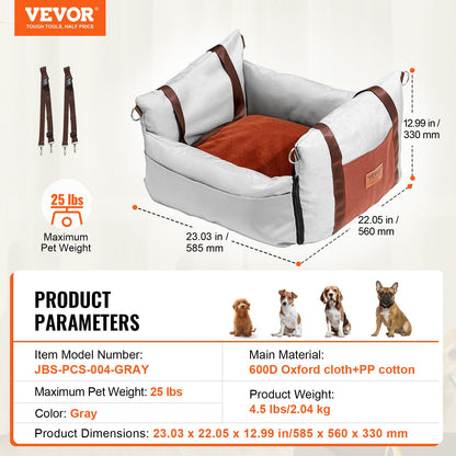 VEVOR Dog Car Seat, Waterproof Dog Booster Seat for Car with Side Handles and A Storage Pocket, Clip-On Safety Leash and PP Cotton Filling, Dog Car Bed for Small Dog up to 25lbs, Gray - CWZGQCZYHSSFEZZ75V0 - view 8