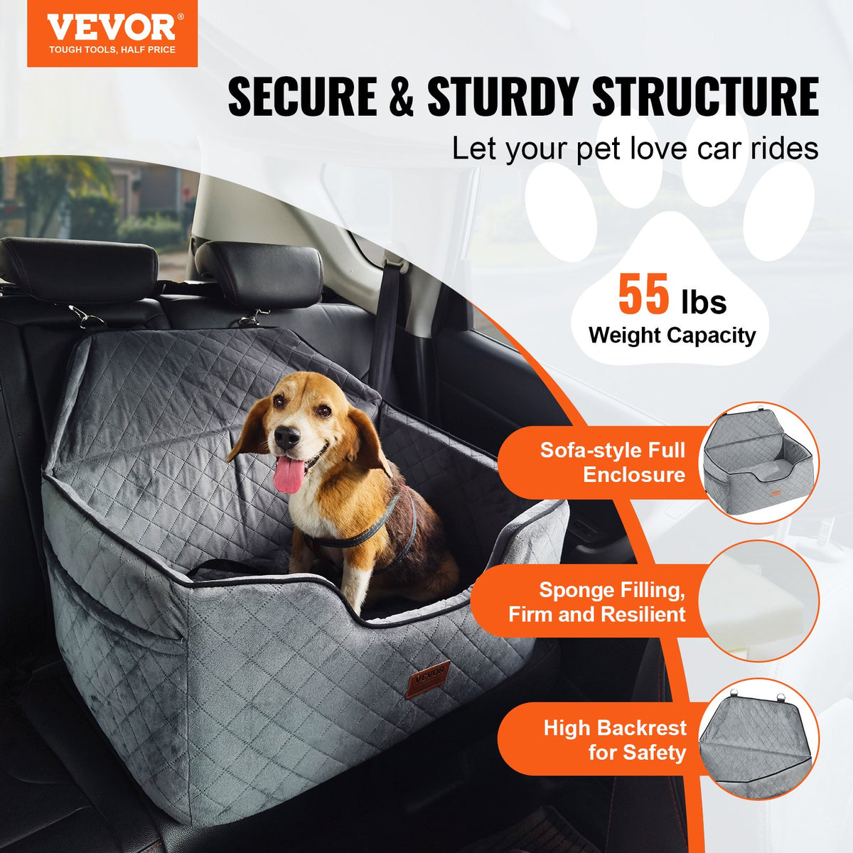 VEVOR Dog Car Seat, Dog Booster Seat for Car with A Storage Pocket, Pet Car Seat with Clip-On Safety Leash, Sponge Filling, Dog Car Bed for Medium & Large Dog up to 55 lbs, Gray - CWZGQCZYHSSFWKF5YV0 - view 3
