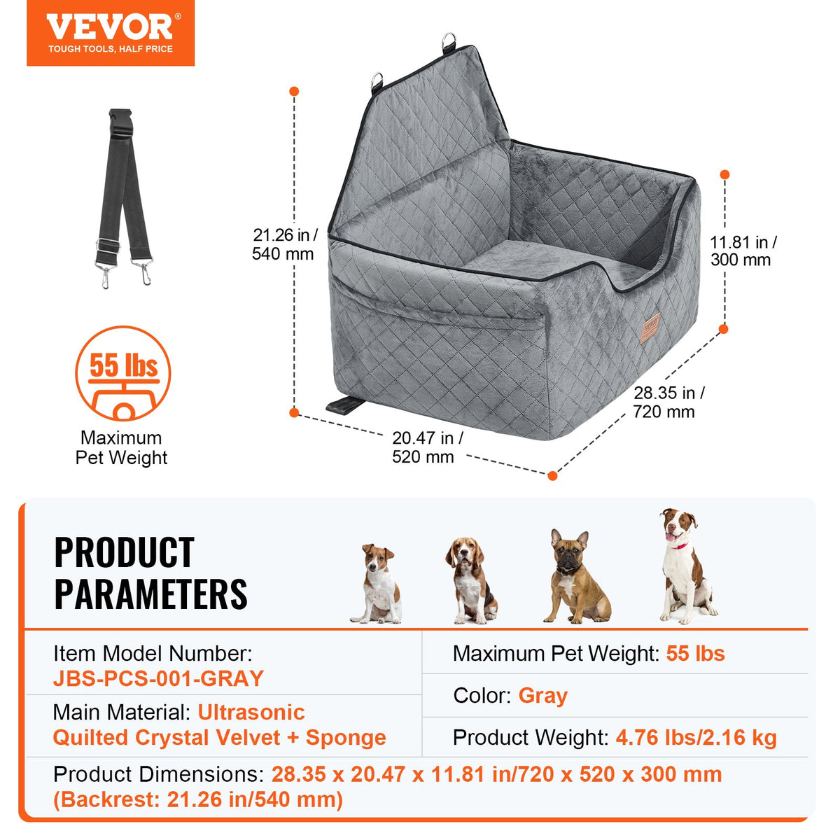 VEVOR Dog Car Seat, Dog Booster Seat for Car with A Storage Pocket, Pet Car Seat with Clip-On Safety Leash, Sponge Filling, Dog Car Bed for Medium & Large Dog up to 55 lbs, Gray - CWZGQCZYHSSFWKF5YV0 - view 8