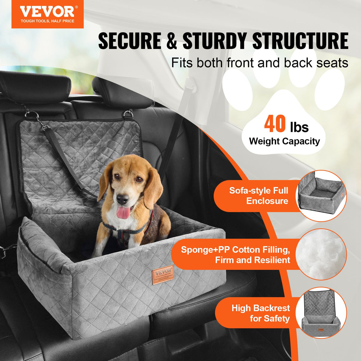 VEVOR Dog Car Seat, Dog Booster Seat for Car with A Storage Pocket, Clip-On Safety Leash, Sponge and PP Cotton Filling, Dog Car Bed for Small & Medium Dog up to 40lbs, Gray - CWZGQCZYHSSFX5CLMV0 - view 3