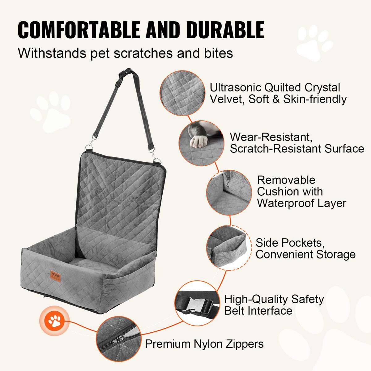 VEVOR Dog Car Seat, Dog Booster Seat for Car with A Storage Pocket, Clip-On Safety Leash, Sponge and PP Cotton Filling, Dog Car Bed for Small & Medium Dog up to 40lbs, Gray - CWZGQCZYHSSFX5CLMV0 - view 4