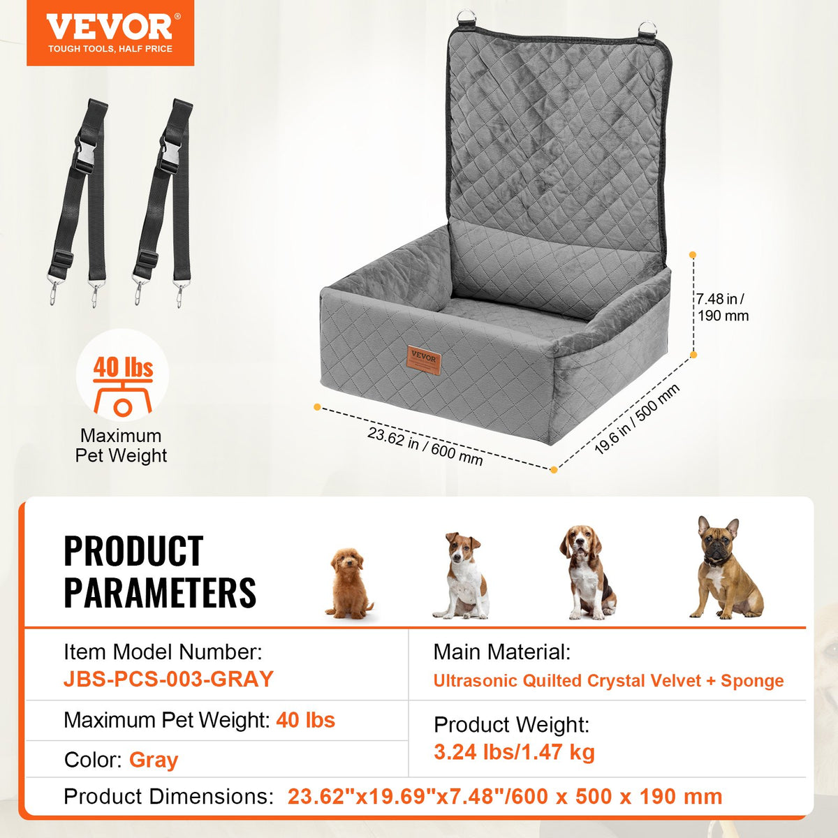 VEVOR Dog Car Seat, Dog Booster Seat for Car with A Storage Pocket, Clip-On Safety Leash, Sponge and PP Cotton Filling, Dog Car Bed for Small & Medium Dog up to 40lbs, Gray - CWZGQCZYHSSFX5CLMV0 - view 8