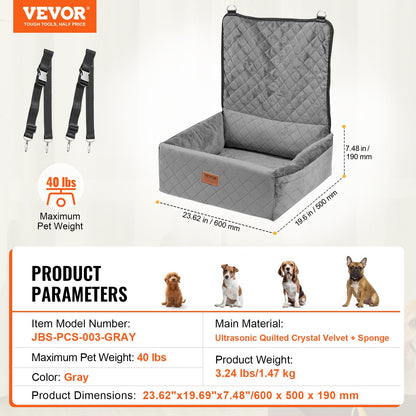 VEVOR Dog Car Seat, Dog Booster Seat for Car with A Storage Pocket, Clip-On Safety Leash, Sponge and PP Cotton Filling, Dog Car Bed for Small & Medium Dog up to 40lbs, Gray - CWZGQCZYHSSFX5CLMV0 - view 8