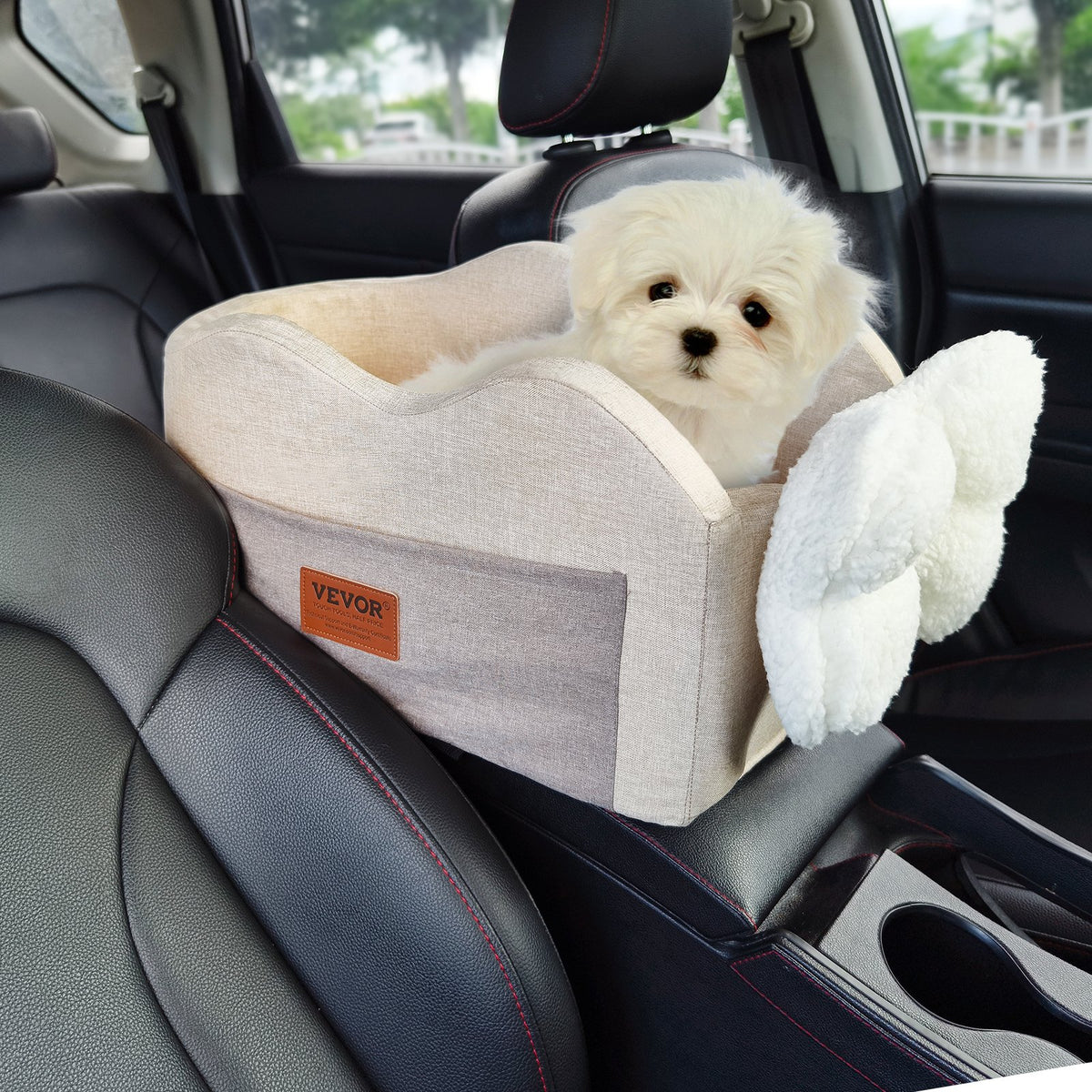 VEVOR Console Dog Car Seat, Center Console Dog Booster Seat for Small Dog, Pet Car Seat for Car Armrest with Clip-On Leash, Adjustable Straps, Supports up to 8lbs, Light Brown - CWZGQCZYQHSXR152ZV0 - view 1