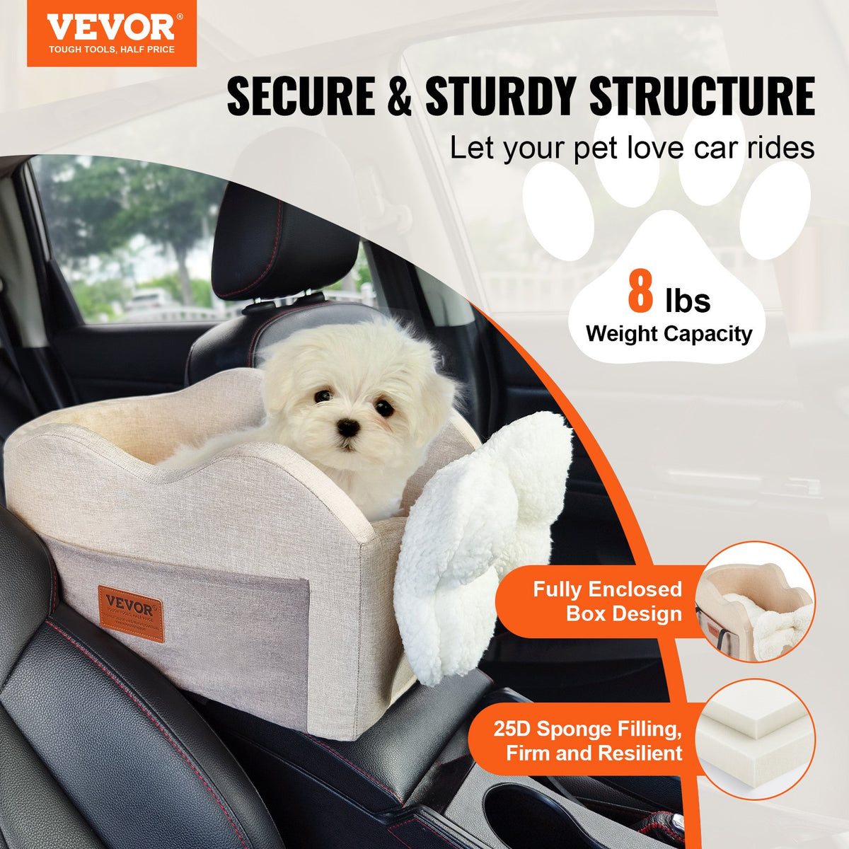 VEVOR Console Dog Car Seat, Center Console Dog Booster Seat for Small Dog, Pet Car Seat for Car Armrest with Clip-On Leash, Adjustable Straps, Supports up to 8lbs, Light Brown - CWZGQCZYQHSXR152ZV0 - view 3