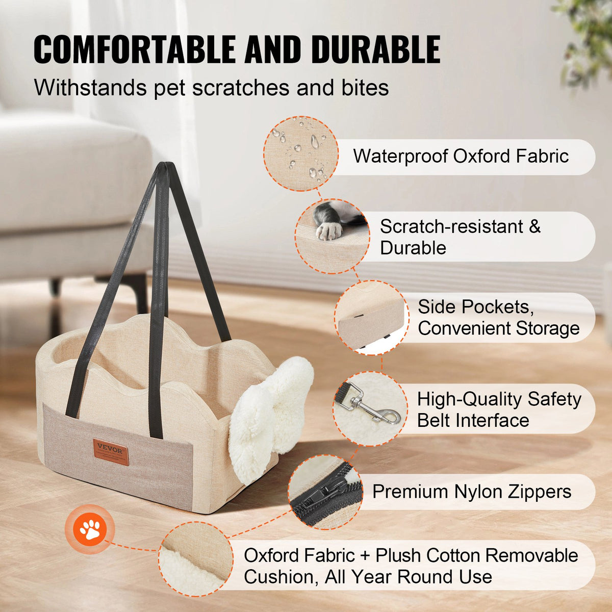 VEVOR Console Dog Car Seat, Center Console Dog Booster Seat for Small Dog, Pet Car Seat for Car Armrest with Clip-On Leash, Adjustable Straps, Supports up to 8lbs, Light Brown - CWZGQCZYQHSXR152ZV0 - view 4