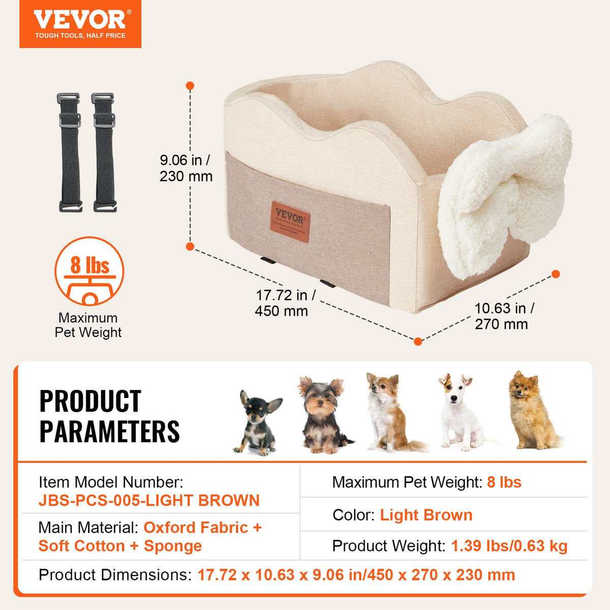 VEVOR Console Dog Car Seat, Center Console Dog Booster Seat for Small Dog, Pet Car Seat for Car Armrest with Clip-On Leash, Adjustable Straps, Supports up to 8lbs, Light Brown - CWZGQCZYQHSXR152ZV0 - view 8