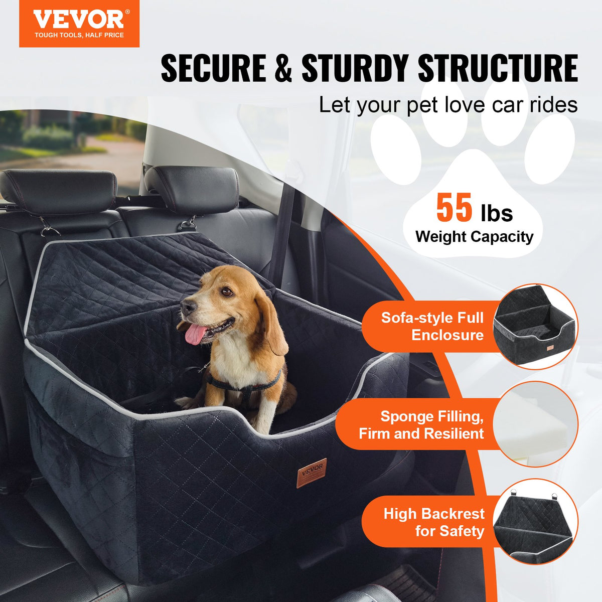 VEVOR Dog Car Seat, Dog Booster Seat for Car with A Storage Pocket, Pet Car Seat with Clip-On Safety Leash, Sponge Filling, Dog Car Bed for Medium & Large Dog up to 55 lbs, Black - CWZGQCZYSFSC6Z483V0 - view 3
