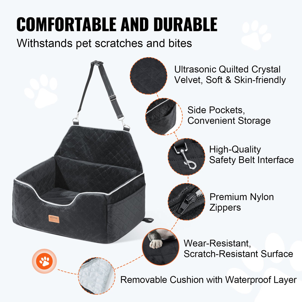 VEVOR Dog Car Seat, Dog Booster Seat for Car with A Storage Pocket, Pet Car Seat with Clip-On Safety Leash, Sponge Filling, Dog Car Bed for Medium & Large Dog up to 55 lbs, Black - CWZGQCZYSFSC6Z483V0 - view 4